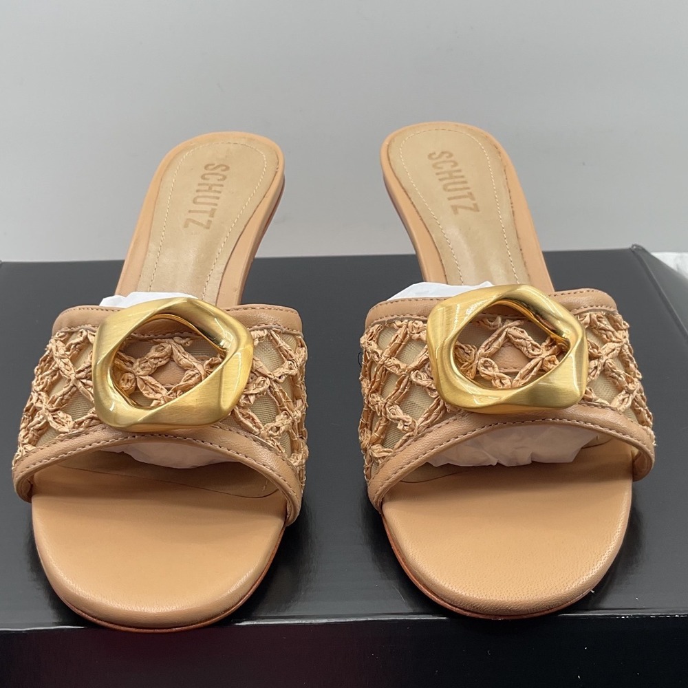 Schutz Tan Woven Mesh Kitten Heel Mules Gold Buckle Slide Sandals Womens